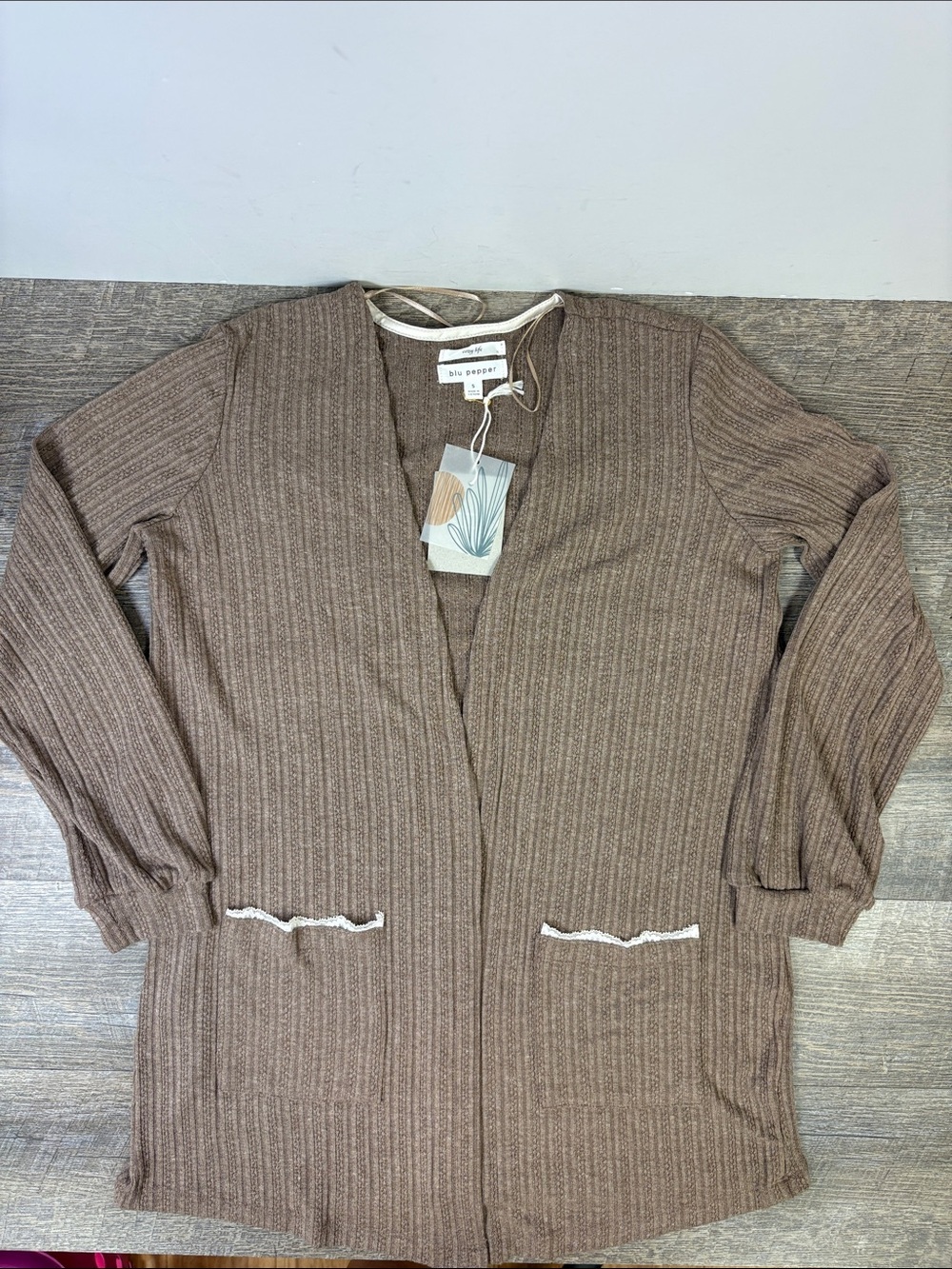 Blu Pepper Cozy Life Ribbed Open Front Cardigan Sweater NWT Small Taupe